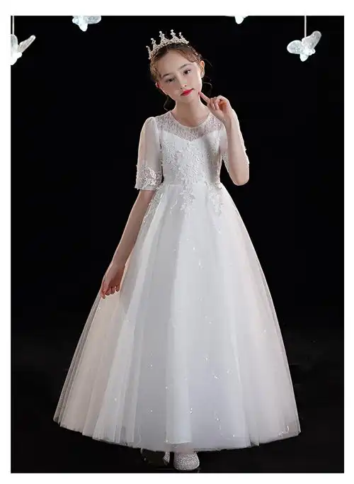 公主裙新款夏季洋气白色小女孩主持人女童高端礼服钢琴演出服8603白色