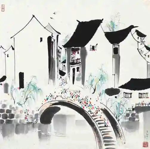 吴冠中191920101988年作江南水乡镜心设色纸本