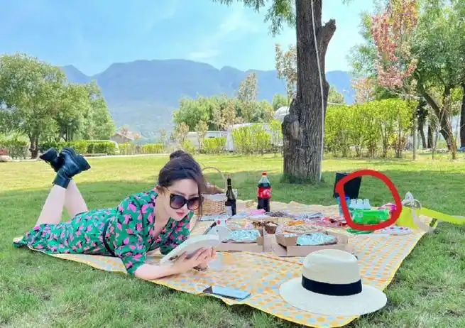 "照片中,刘亦菲身穿绿色清新长裙,戴着墨镜,趴在草地上看书.