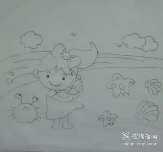 如何画拾贝壳的小姑娘的简笔画