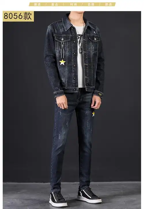 黑色牛仔套装男韩版修身弹力夹克外套潮休闲牛仔服两件套hlcoman