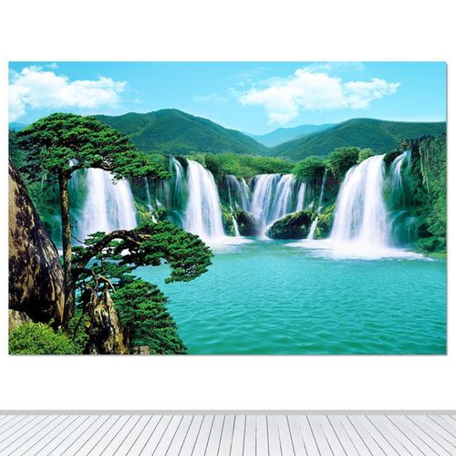 山水画迎客松装饰画聚宝盆画流水生财客厅办公室墙贴壁画一件