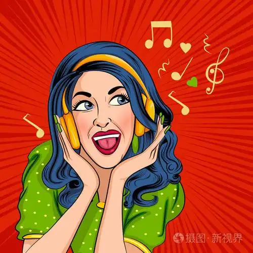 波普艺术风格复古女士听音乐的耳机