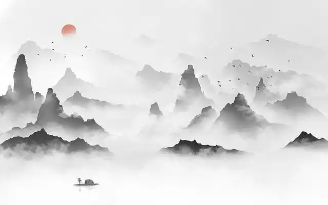 水墨山水插画古风风景背景写意山水画意境美连绵山水水墨插画