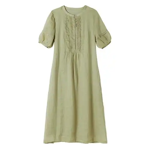 苎麻连衣裙女2023夏季新款小个子花边灯笼短袖宽松怀旧复古长裙子