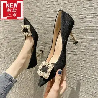 尖头浅口春夏季新款通勤水钻方扣气质韩版细跟高跟单鞋女鞋8cm黑色34