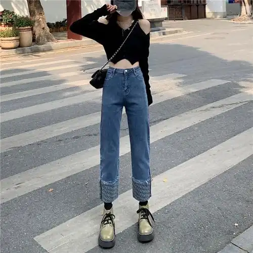 女装新款胖mm大码阔腿裤5xl200斤实拍秋装开叉拉链牛仔裤牛仔裤