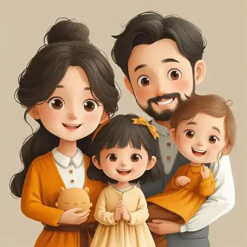 亲子头像|2024一家四口姐妹|亲子照卡通插画