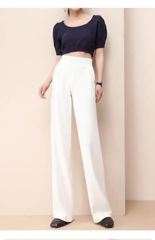 白色雪纺阔腿裤女夏季薄款垂感冰丝直筒裤高腰拖地宽松弹力休闲裤