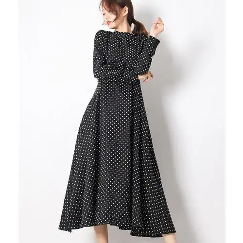 黑白波点圆点复古收腰连衣裙宽松a字裙衬衫袖中长款打底裙