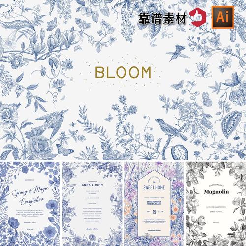 精美的蓝色手绘素描线描花草植物花鸟海报封面插图ai矢量设计素材