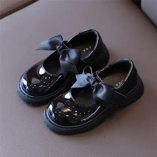 2021春秋新款女童皮鞋亮皮大头蝴蝶结公主鞋韩版中大童黑色表演鞋