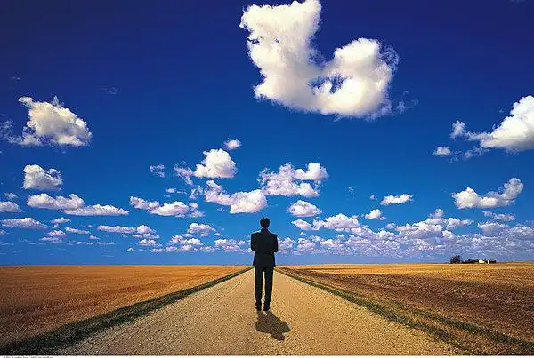 后视图,男人,走,土路