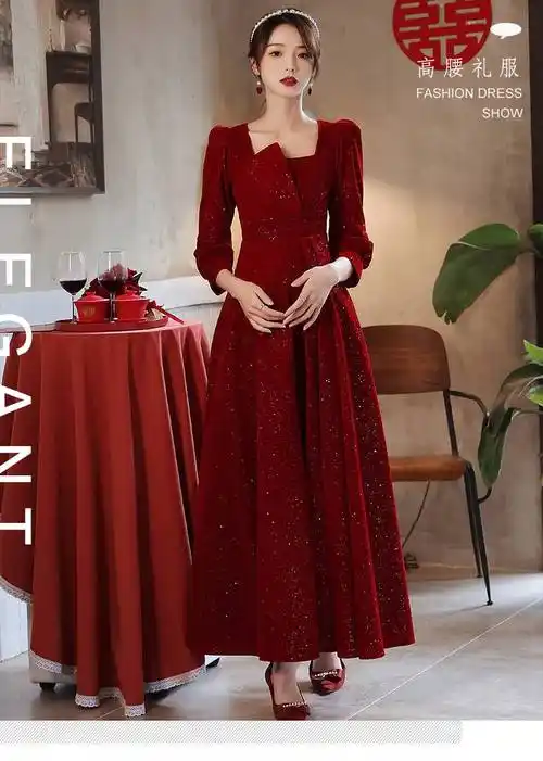 俞兆林敬酒服孕妇高腰遮肚子新娘回门服连衣裙酒红色订婚礼服大码女