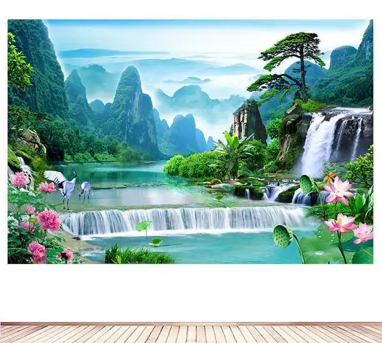迎客松瀑布流水生财招财风水画青山绿水客厅沙发山水墙贴画梦倾城相纸