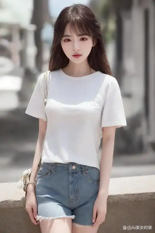 女生百搭短袖白t恤配毛边牛仔短裤推荐