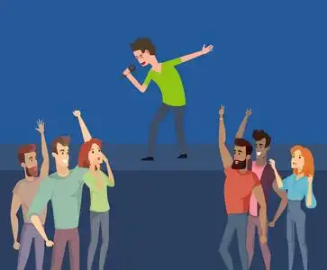 舞台上的音乐歌手, 背后的快乐粉丝人群照片