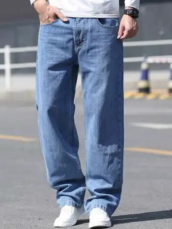 沐秋牛仔裤男宽松直筒黑色大码男装胖子阔腿裤男士弹力夏季薄款男生