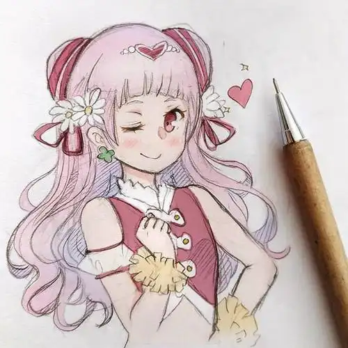 彩铅人物手绘临摹素材,一组可爱的动漫人物彩铅画