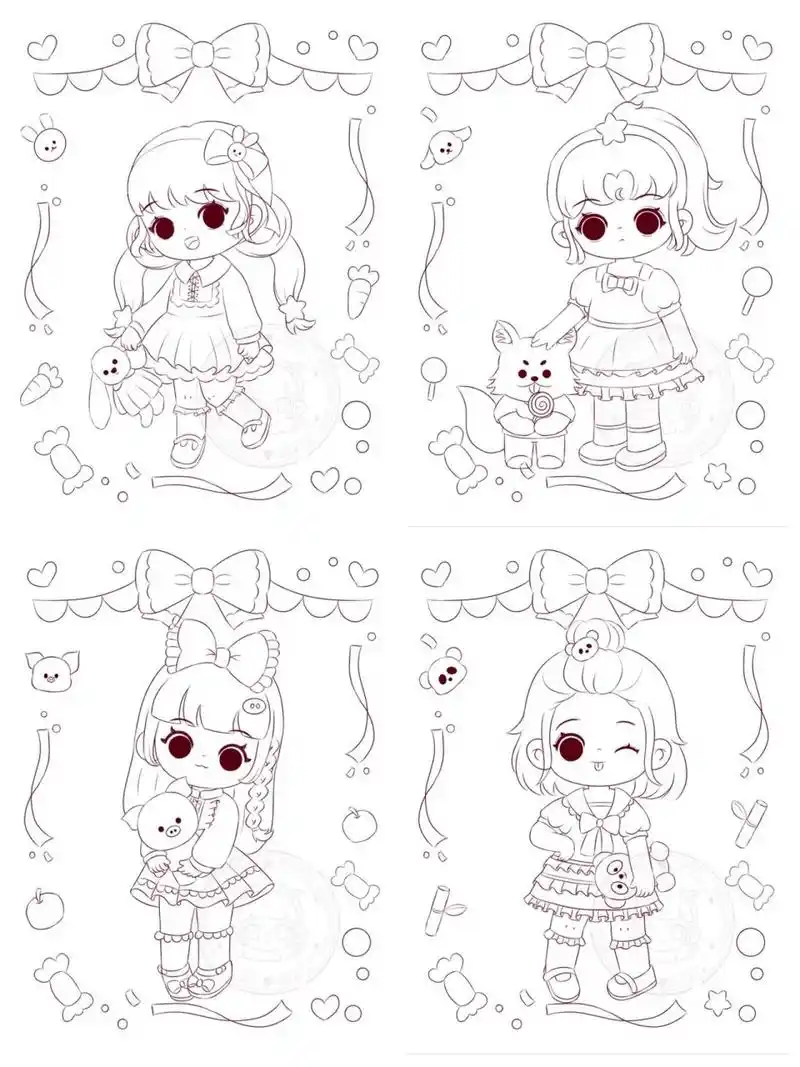 可爱q版女生线稿 终于把这些可爱娃娃画完了先更一波线稿 都是一起