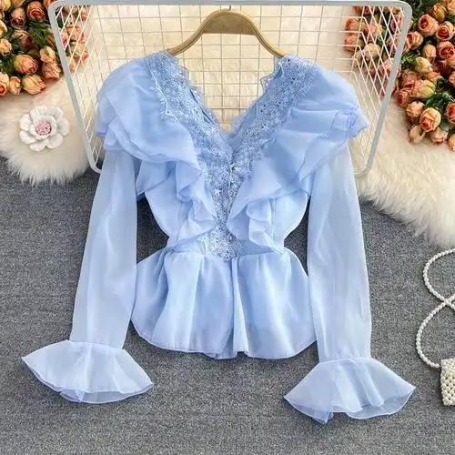 法式上衣搭喇叭复古边洋气荷叶温柔短款秋领v衬衫韩版百长袖风袖