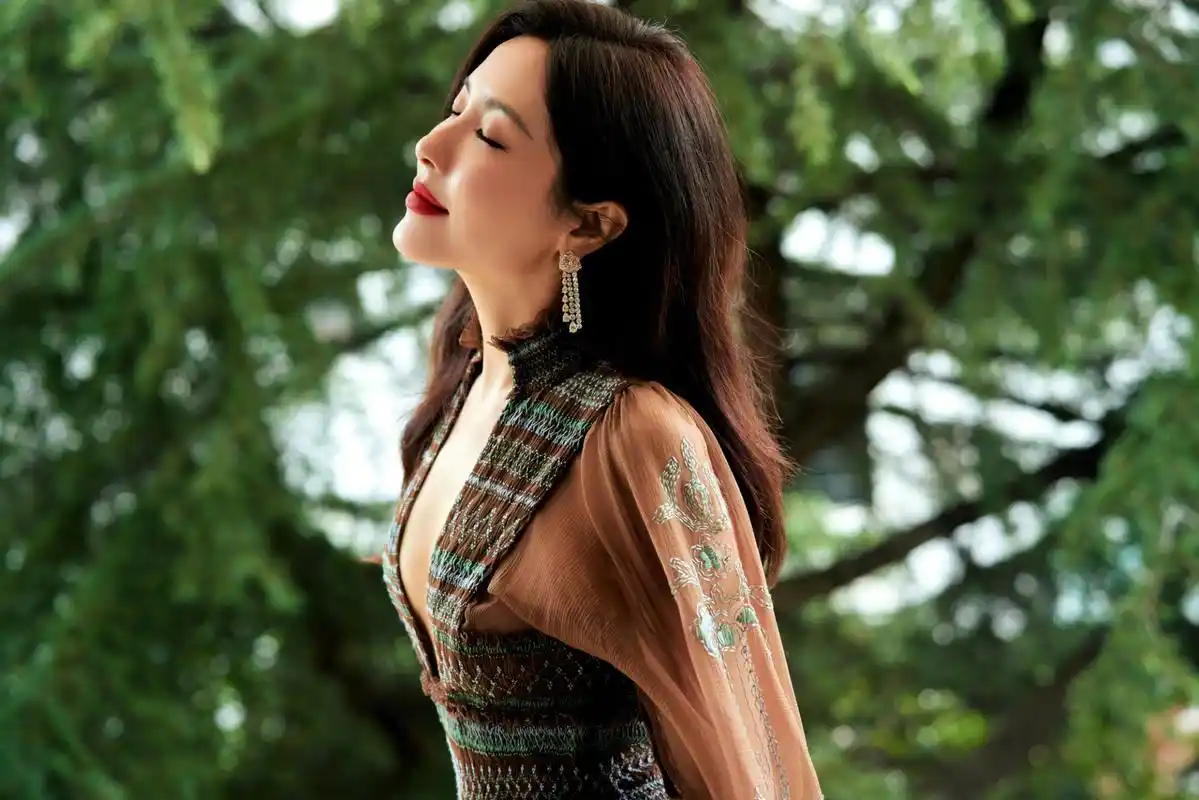 曾黎身着dior高定礼服,深v刺绣薄纱长裙,几分明媚几分性感