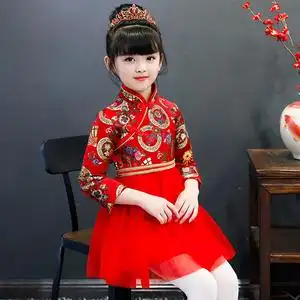女童旗袍秋冬儿童唐装公主裙女孩中国风古筝演出服宝宝新年拜年服