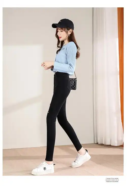 春夏秋薄款女长裤破洞打底裤学生女裤子修身小脚铅笔女裤子 - 17网