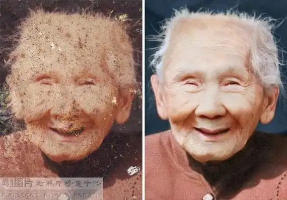 彩色老人半身老照片修复翻新五官模糊破损手工恢复细节