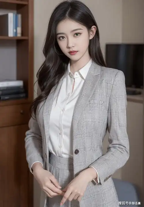 美女壁纸:白衬衣配灰色格子西装与短裙,优雅知性的办公室女神_女士