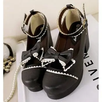 新款lolita鞋小圆洛丽塔洋装鞋子蝴蝶结小高跟公主女仆动漫鞋 黑色 35