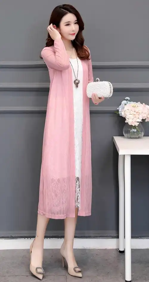 薄纱外搭外披女薄外套夏季网纱长袖过膝下摆开叉沙滩海边披肩白色3xl