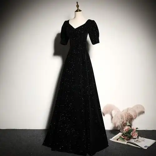 宴会2021新款气质优雅修身主持人合唱团礼服长裙晚礼服黑色长款女