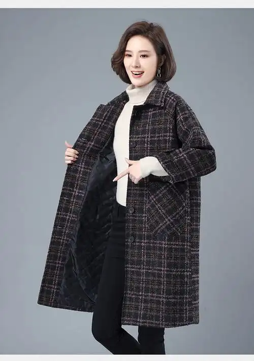 毛呢外套女中长款21年秋装新款秋季女装韩版休闲宽松气质显瘦女士格子