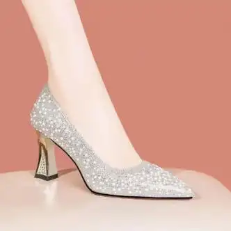 真软皮高跟单鞋女粗跟2023新款秋季时尚气质尖头水钻高跟婚鞋女银色36