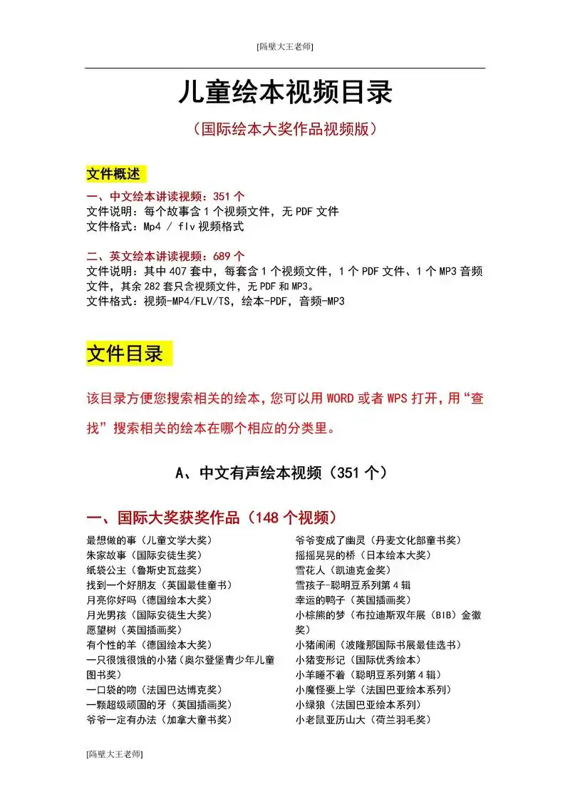 优选上千儿童绘本视频大全-分类目录整理