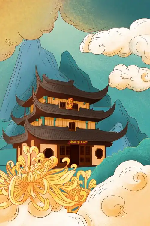 国潮古风建筑鼓楼插画