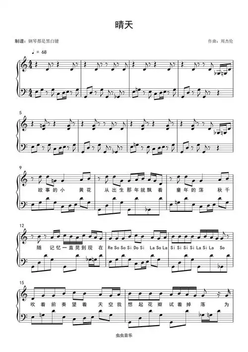 晴天c大调 接近原曲完美演绎带歌词钢琴谱-虫虫钢琴