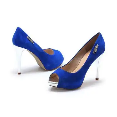 正品撤柜真皮鞋子女蓝色绒面羊皮鱼嘴高跟水台浅口单鞋ss51117609