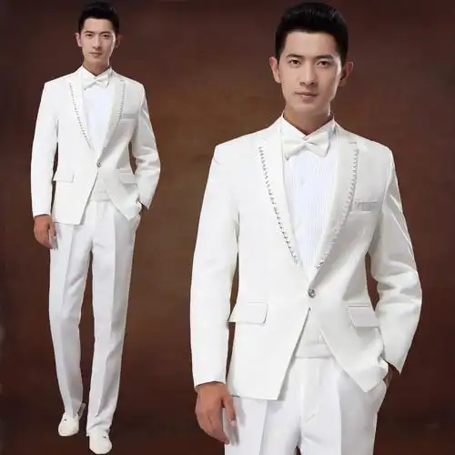特价演出服套装男_新款男士西服套装新郎伴郎结婚白色修身礼服司仪