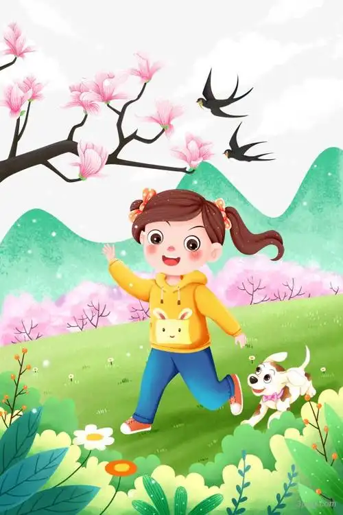 春季踏青郊游女孩小狗春景插画png素材透明免抠图片-动植人物-三元素3
