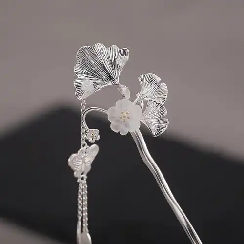 银簪子古风步摇流苏水晶花银杏珍珠发钗子纯银超仙汉服挽发发簪女