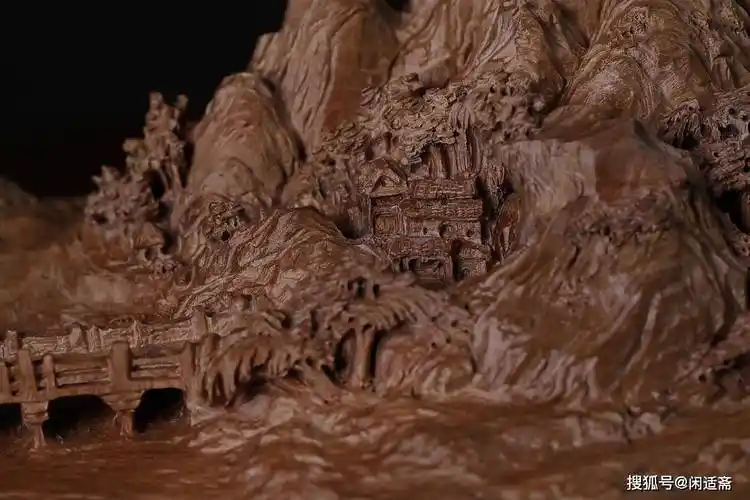 显微镜下的千里江山图,檀香木微雕作品_山水_山石_画面
