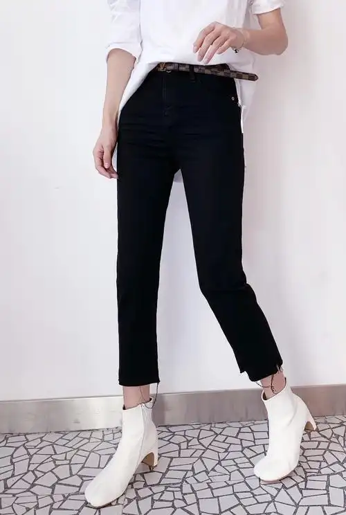 佐娜71572黑色牛仔裤女2021款韩国高压显瘦毛边烟管九分裤