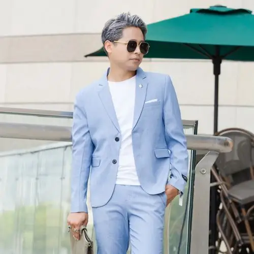 新款男士修身韩版天蓝色西装潮流时尚休闲小西西服西服