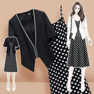 大码胖mm法式显瘦黑色雪纺西装外套开衫配吊带波点连衣裙套装女夏