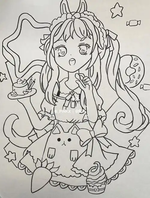 马克笔手绘动漫人物甜品女孩临摹附线稿