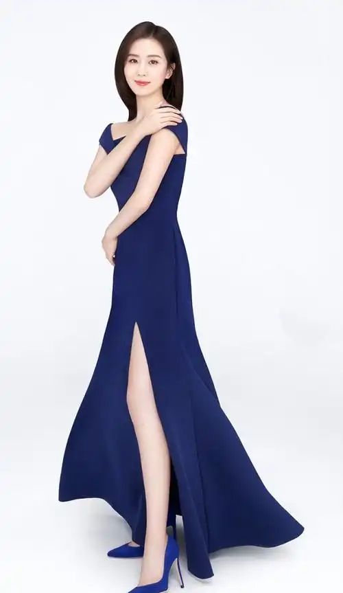 刘诗诗真的是气质女神,穿蓝色开叉长裙秀美腿,宁静淡雅