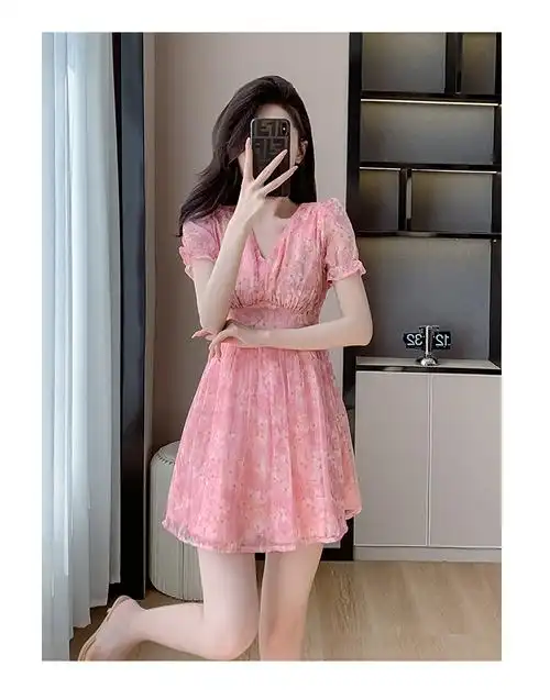 2024新款夏季粉色雪纺小个子连衣裙收腰显高温柔风气质高级感裙