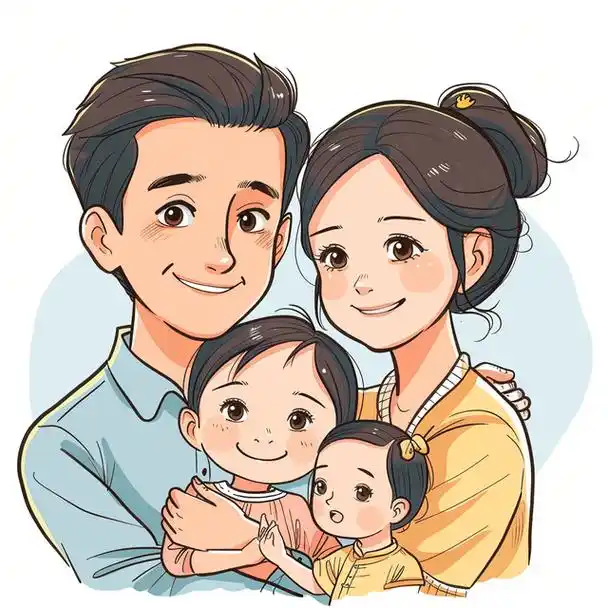 亲子头像|一家四口双胞胎女宝手绘创意插画